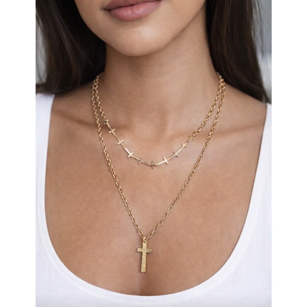 Jennifer Gold Layered Cross Necklace Earring Set New